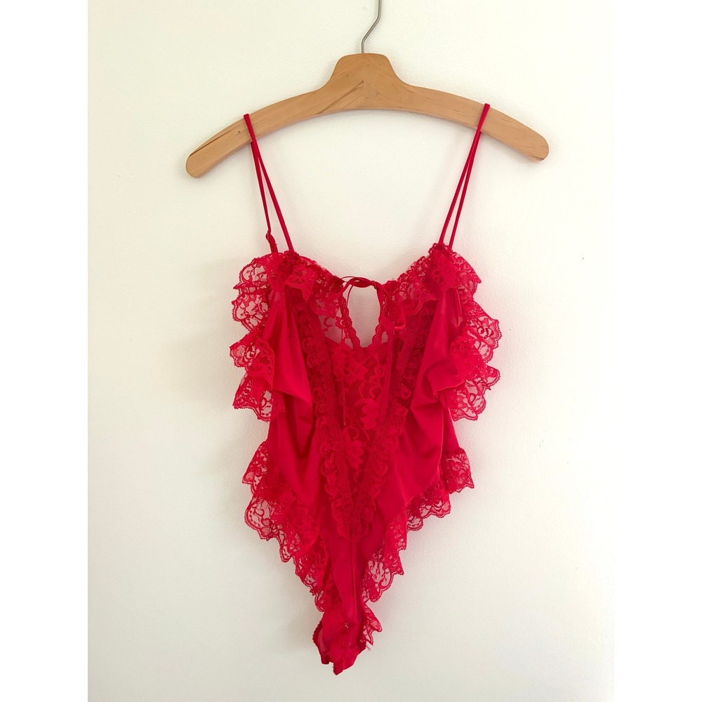 Vintage 80s Coquette Red Lace Ruffle Lingerie Bodysuit‎ Teddy M